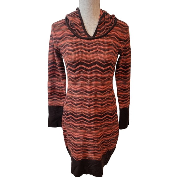 Prana “Meryl” Chevron Orange and Brown Hooded Sweater Dress Size Small - Picture 1 of 6